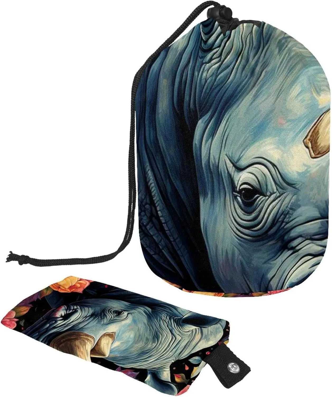 Travel Cosmetic Bags bucket Makeup Bag, Art Rhino Pattern 34 Women Portable Foldable Cases, Multifunctional Toiletry Bucket Bags Round Organizer Storage