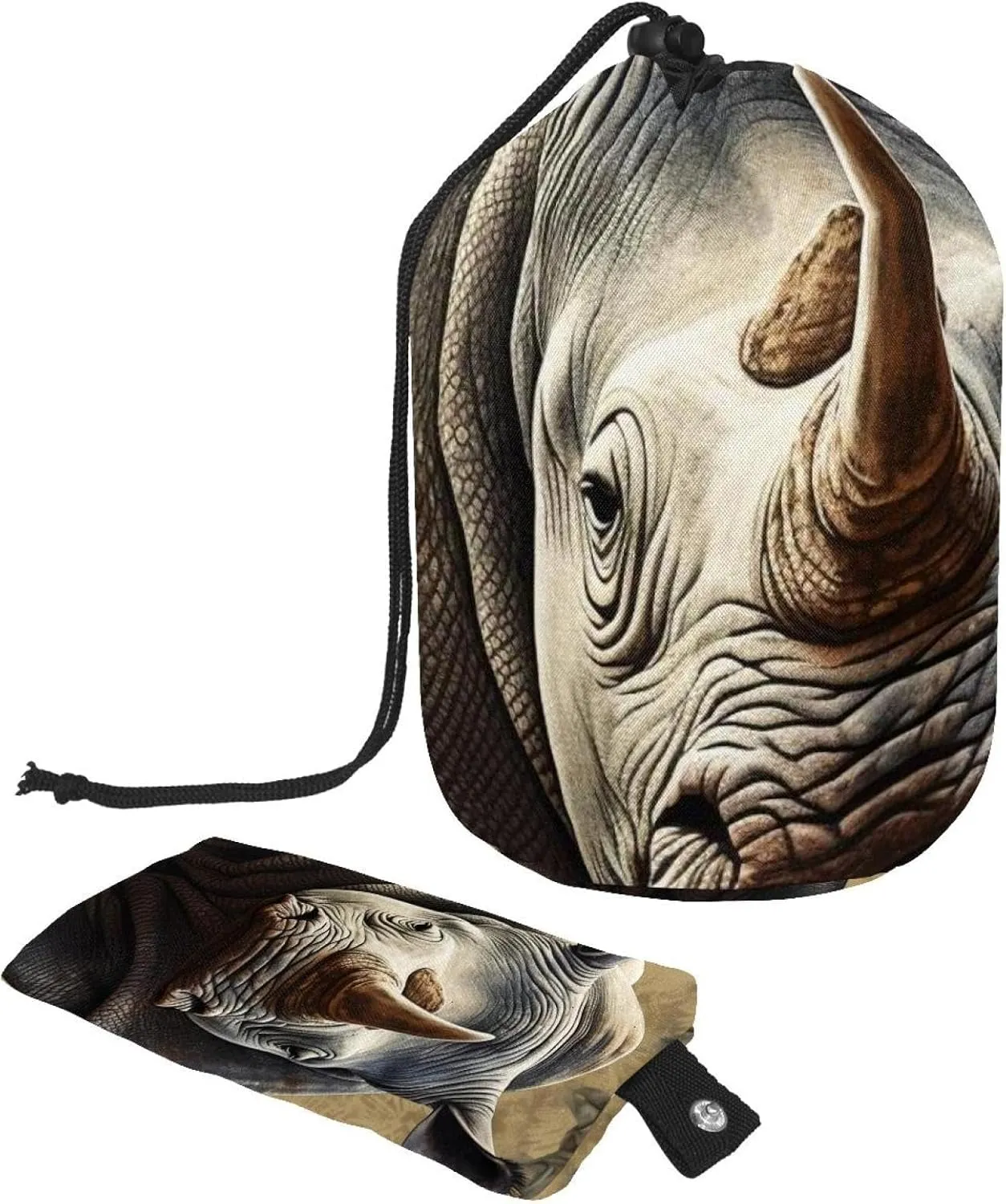 Travel Cosmetic Bags bucket Makeup Bag, Art Rhino Pattern 66 Women Portable Foldable Cases, Multifunctional Toiletry Bucket Bags Round Organizer Storage