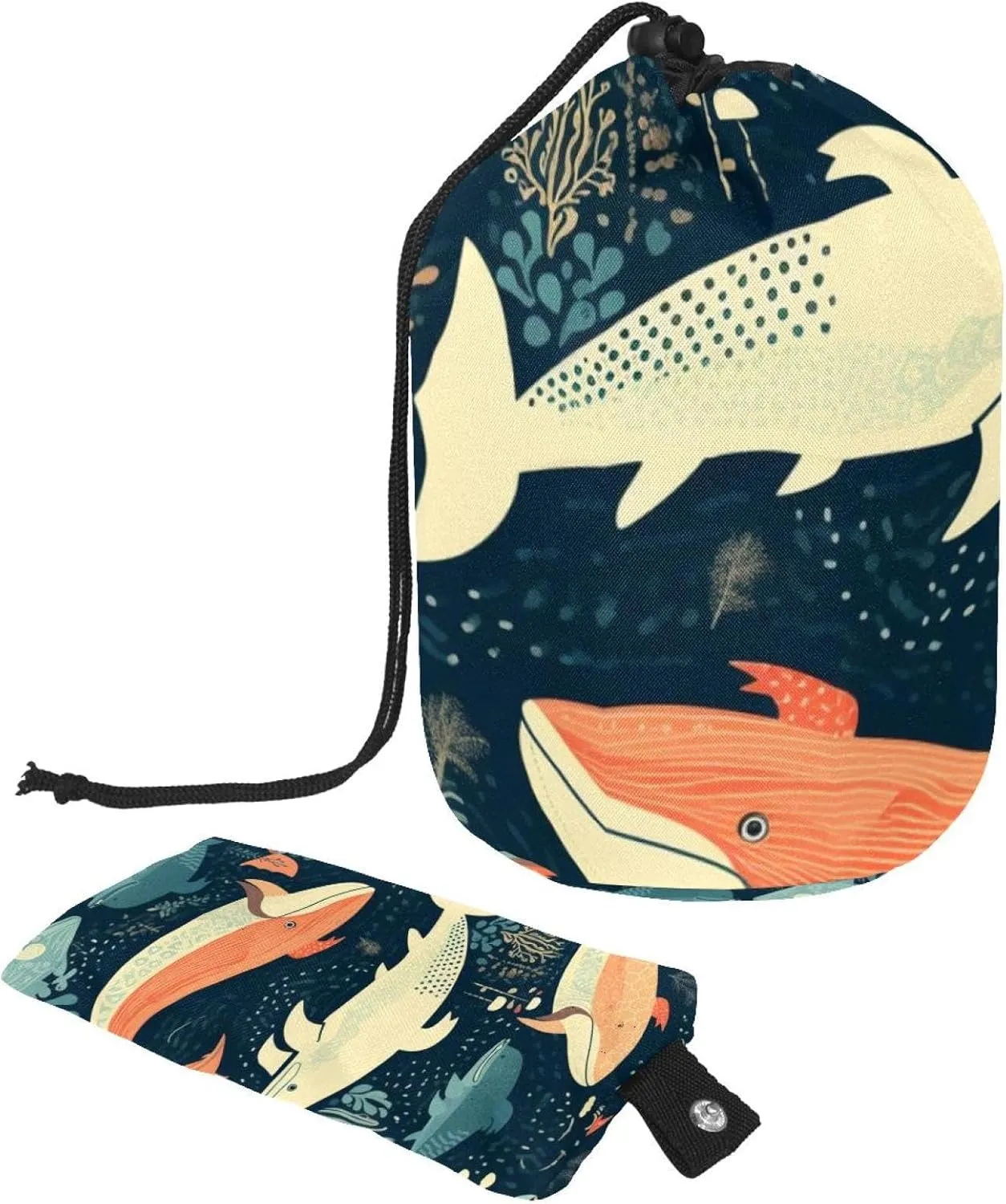 Travel Cosmetic Bags bucket Makeup Bag, Colorful Ocean Whales Seaweed Women Portable Foldable Cases, Multifunctional Toiletry Bucket Bags Round Organizer Storage