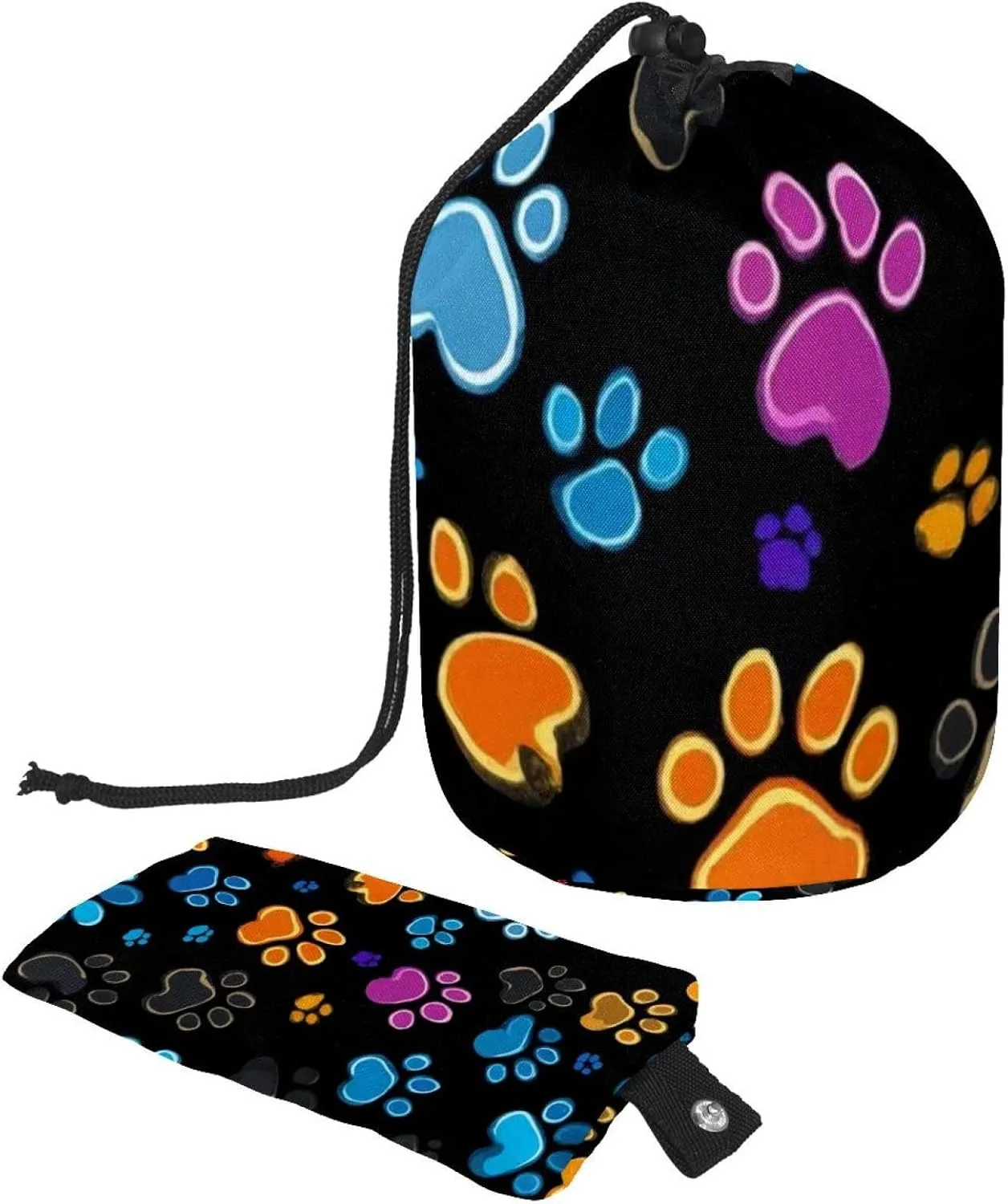 Travel Cosmetic Bags bucket Makeup Bag, Colorful Paw Prints Women Portable Foldable Cases, Multifunctional Toiletry Bucket Bags Round Organizer Storage