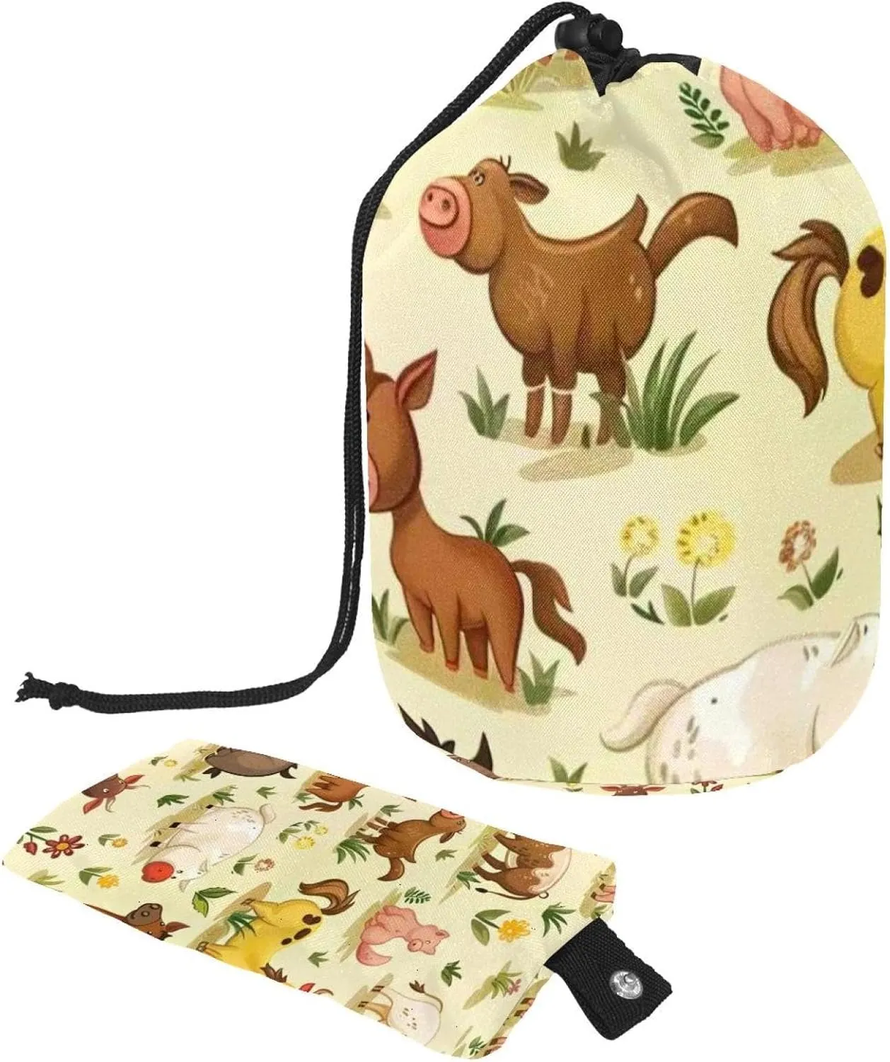 Travel Cosmetic Bags bucket Makeup Bag, Cute Animal Farm 46 Women Portable Foldable Cases, Multifunctional Toiletry Bucket Bags Round Organizer Storage