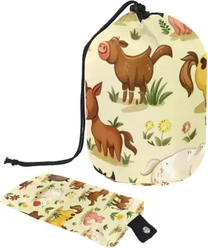 Travel Cosmetic Bags bucket Makeup Bag, Cute Animal Farm 46 Women Portable Foldable Cases, Multifunctional Toiletry Bucket Bags Round Organizer Storage