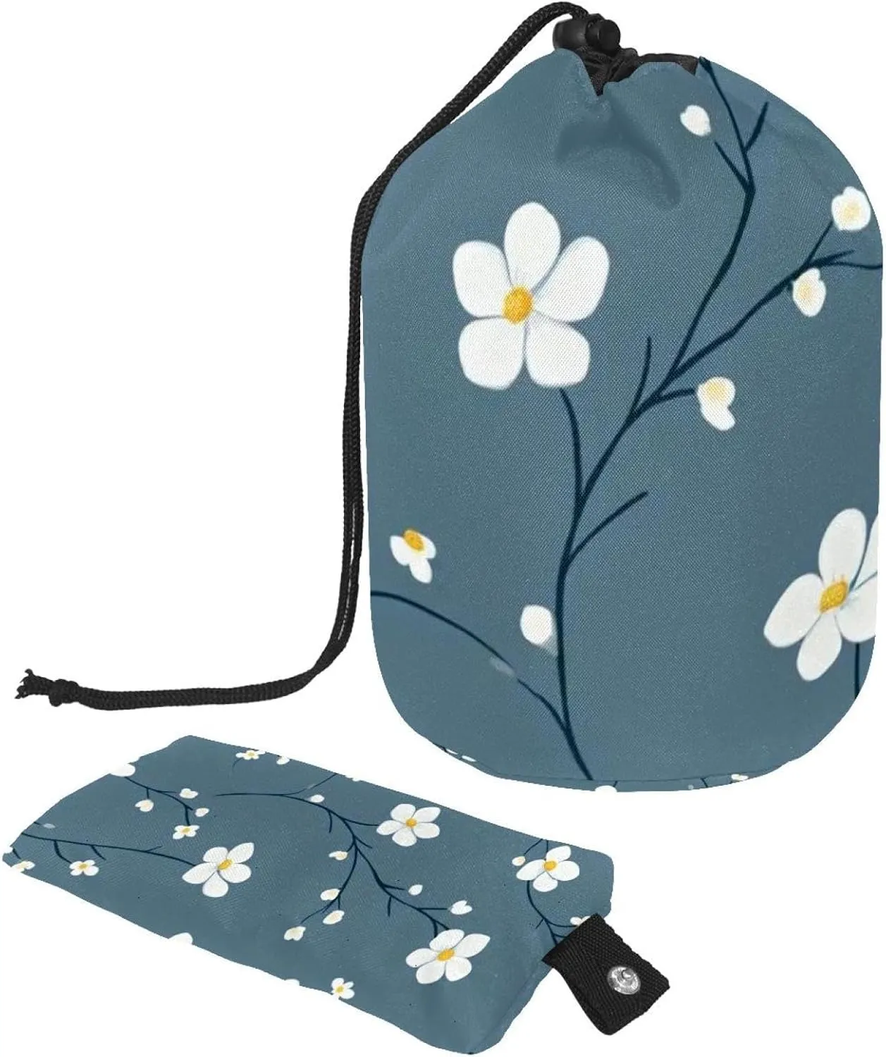 Travel Cosmetic Bags bucket Makeup Bag, Cute White Floral Small Flowers 10 Women Portable Foldable Cases, Multifunctional Toiletry Bucket Bags Round Organizer Storage