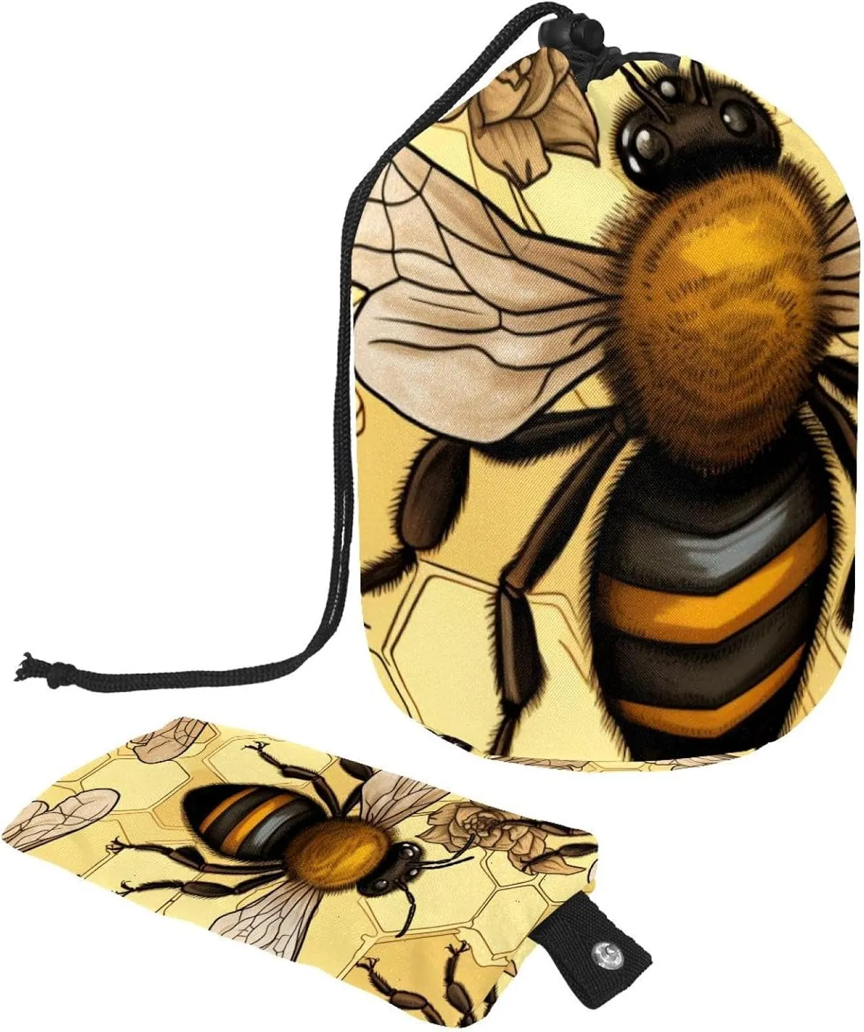 Travel Cosmetic Bags bucket Makeup Bag, Golden Bumble Bee Women Portable Foldable Cases, Multifunctional Toiletry Bucket Bags Round Organizer Storage