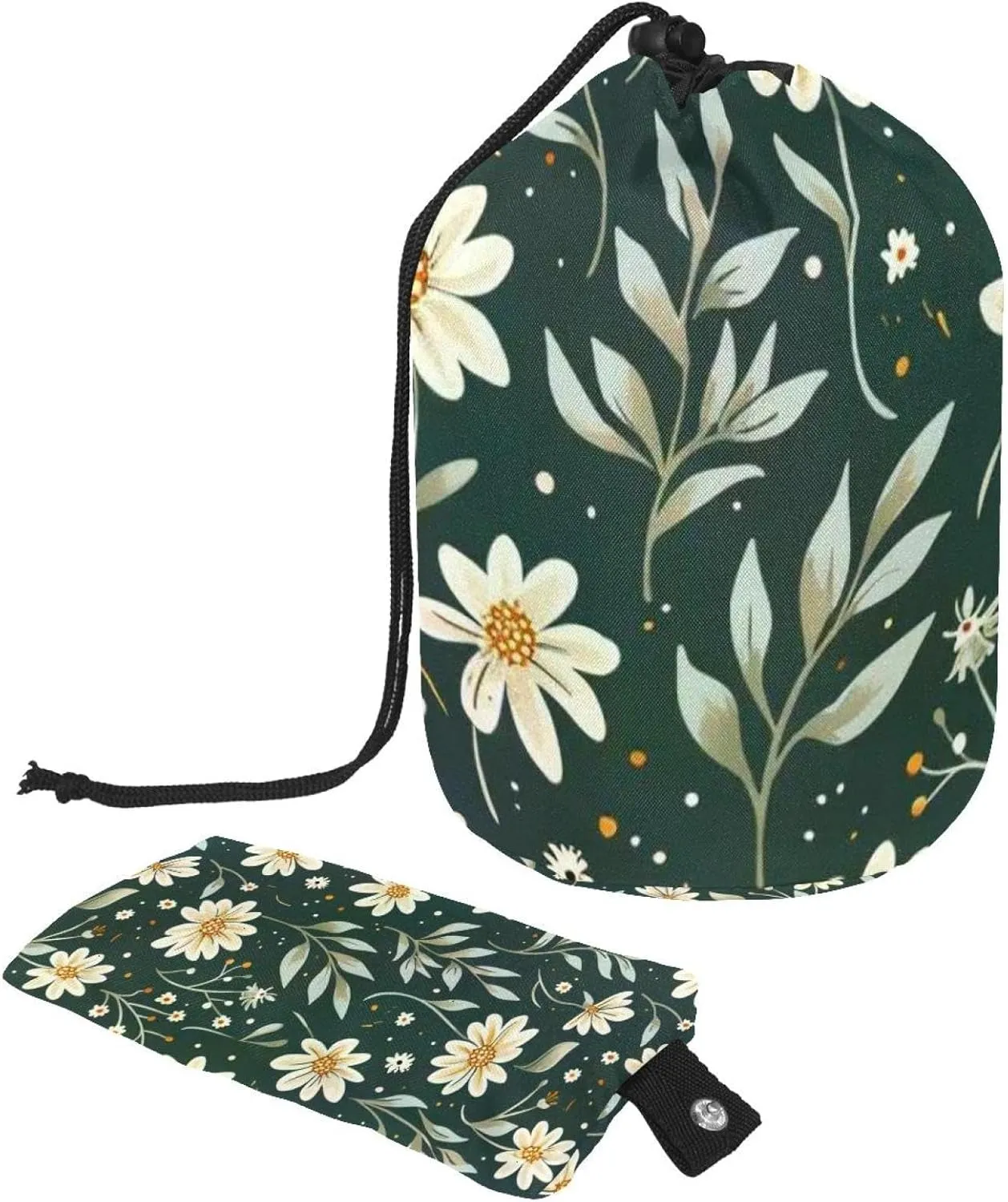 Travel Cosmetic Bags bucket Makeup Bag, Green Mini Florals Daisy Print Women Portable Foldable Cases, Multifunctional Toiletry Bucket Bags Round Organizer Storage