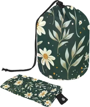 Travel Cosmetic Bags bucket Makeup Bag, Green Mini Florals Daisy Print Women Portable Foldable Cases, Multifunctional Toiletry Bucket Bags Round Organizer Storage