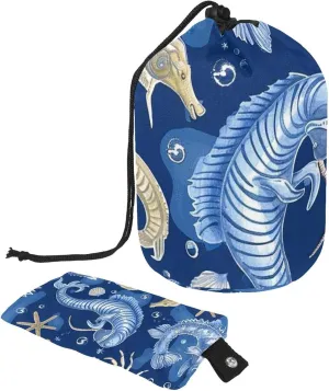 Travel Cosmetic Bags bucket Makeup Bag, Ocean Sea Horse Shells Starfish Conch Crab Women Portable Foldable Cases, Multifunctional Toiletry Bucket Bags Round Organizer Storage