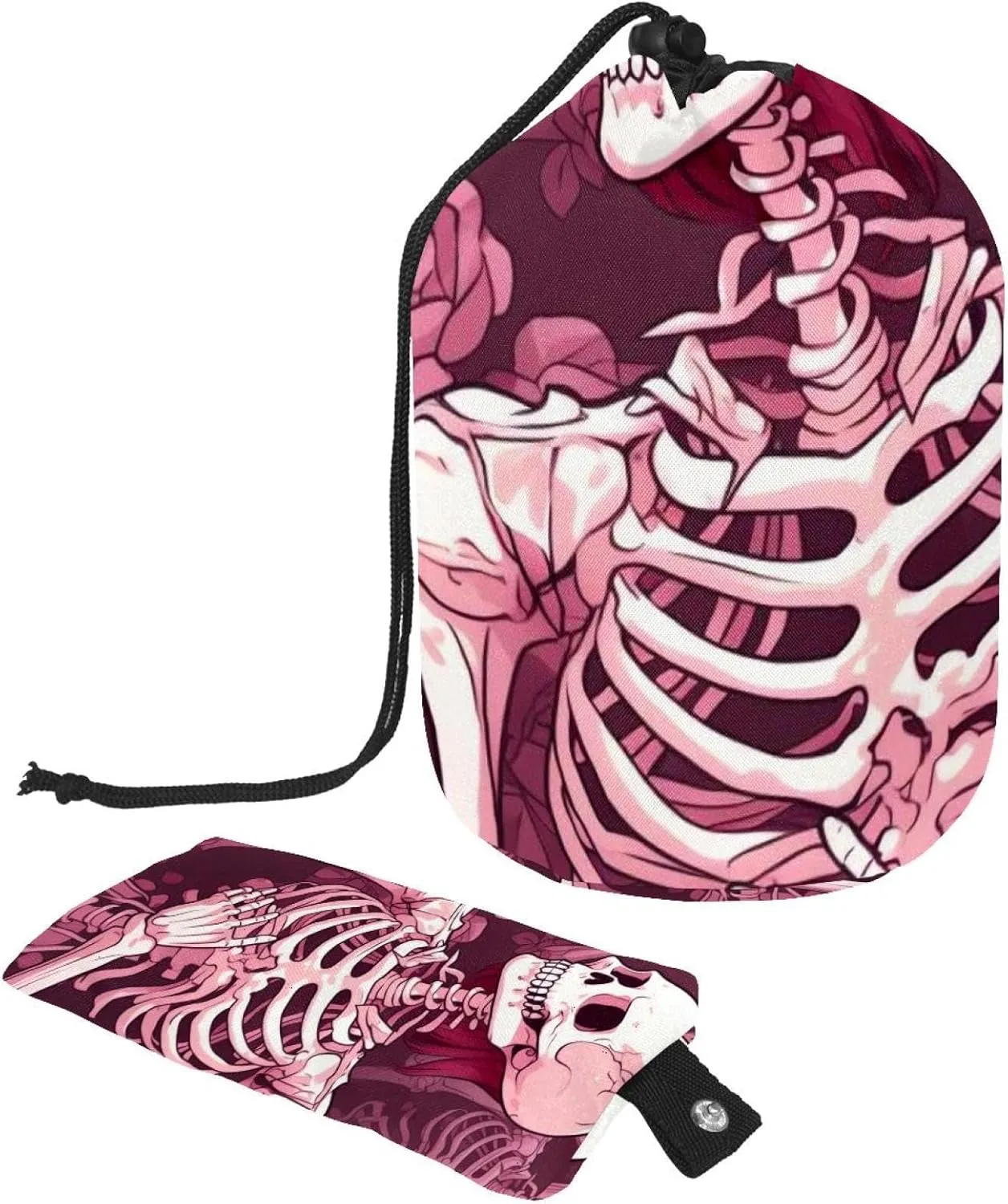 Travel Cosmetic Bags bucket Makeup Bag, Pink Skull Lady Women Portable Foldable Cases, Multifunctional Toiletry Bucket Bags Round Organizer Storage