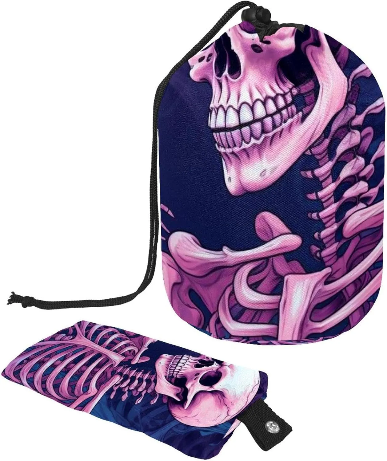 Travel Cosmetic Bags bucket Makeup Bag, Purple Skull Pattern Women Portable Foldable Cases, Multifunctional Toiletry Bucket Bags Round Organizer Storage
