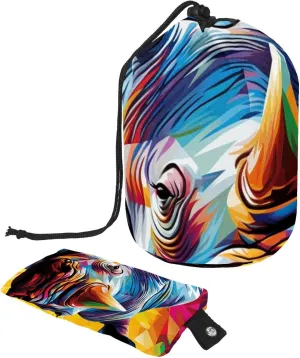 Travel Cosmetic Bags bucket Makeup Bag, Rainbow Mosaic Rhino 58 Women Portable Foldable Cases, Multifunctional Toiletry Bucket Bags Round Organizer Storage
