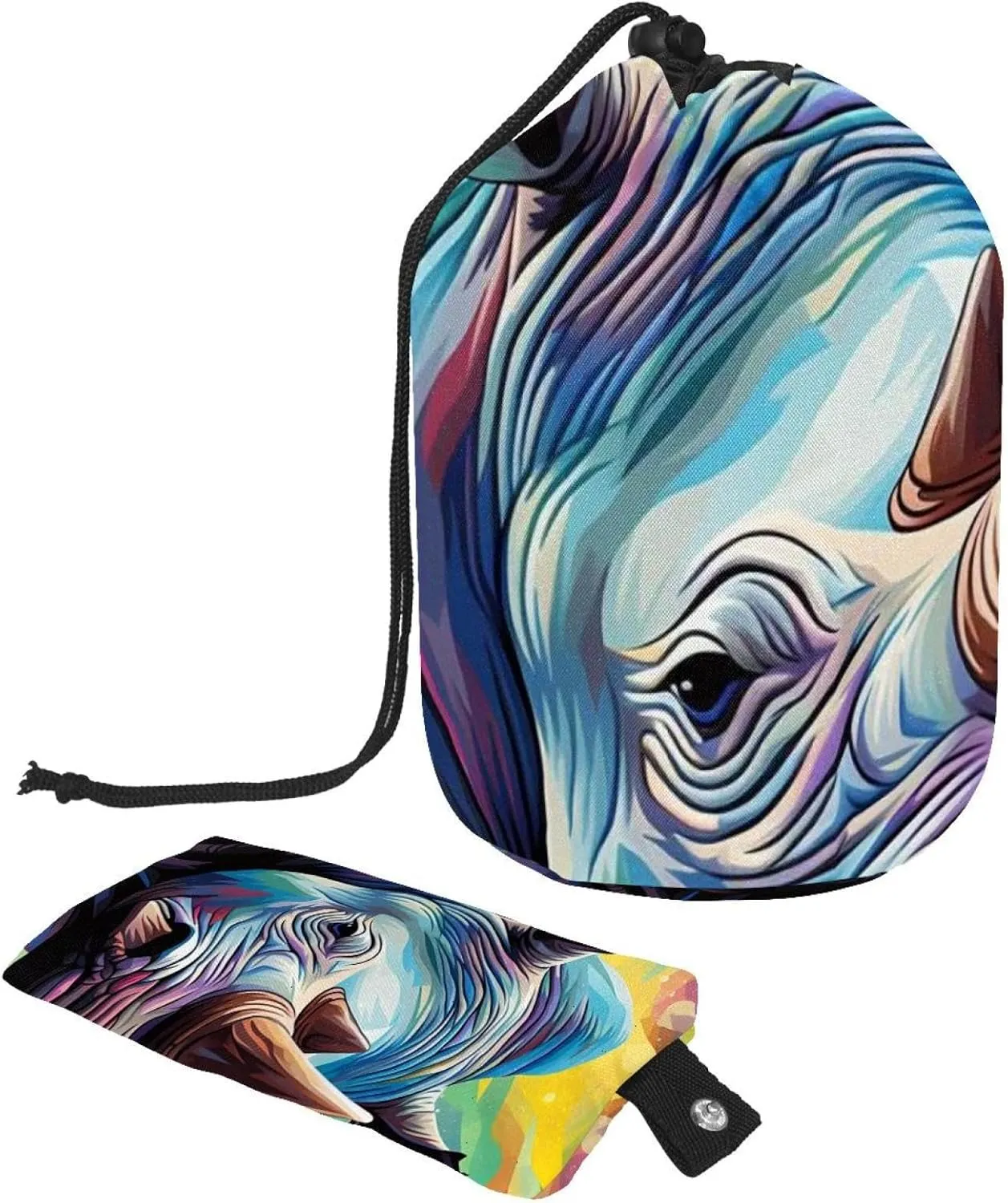 Travel Cosmetic Bags bucket Makeup Bag, Rhino Colors Oil Paint 18 Women Portable Foldable Cases, Multifunctional Toiletry Bucket Bags Round Organizer Storage