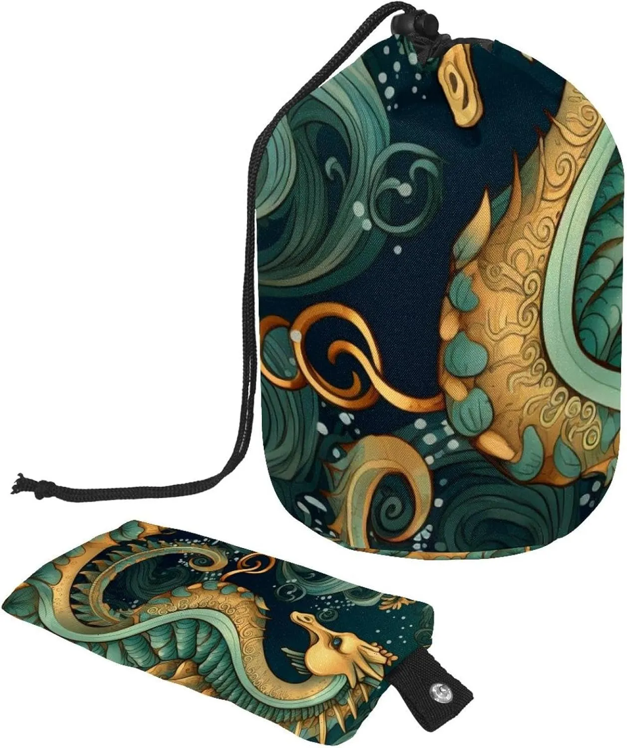 Travel Cosmetic Bags bucket Makeup Bag, Vintage Ocean Seahorse Women Portable Foldable Cases, Multifunctional Toiletry Bucket Bags Round Organizer Storage
