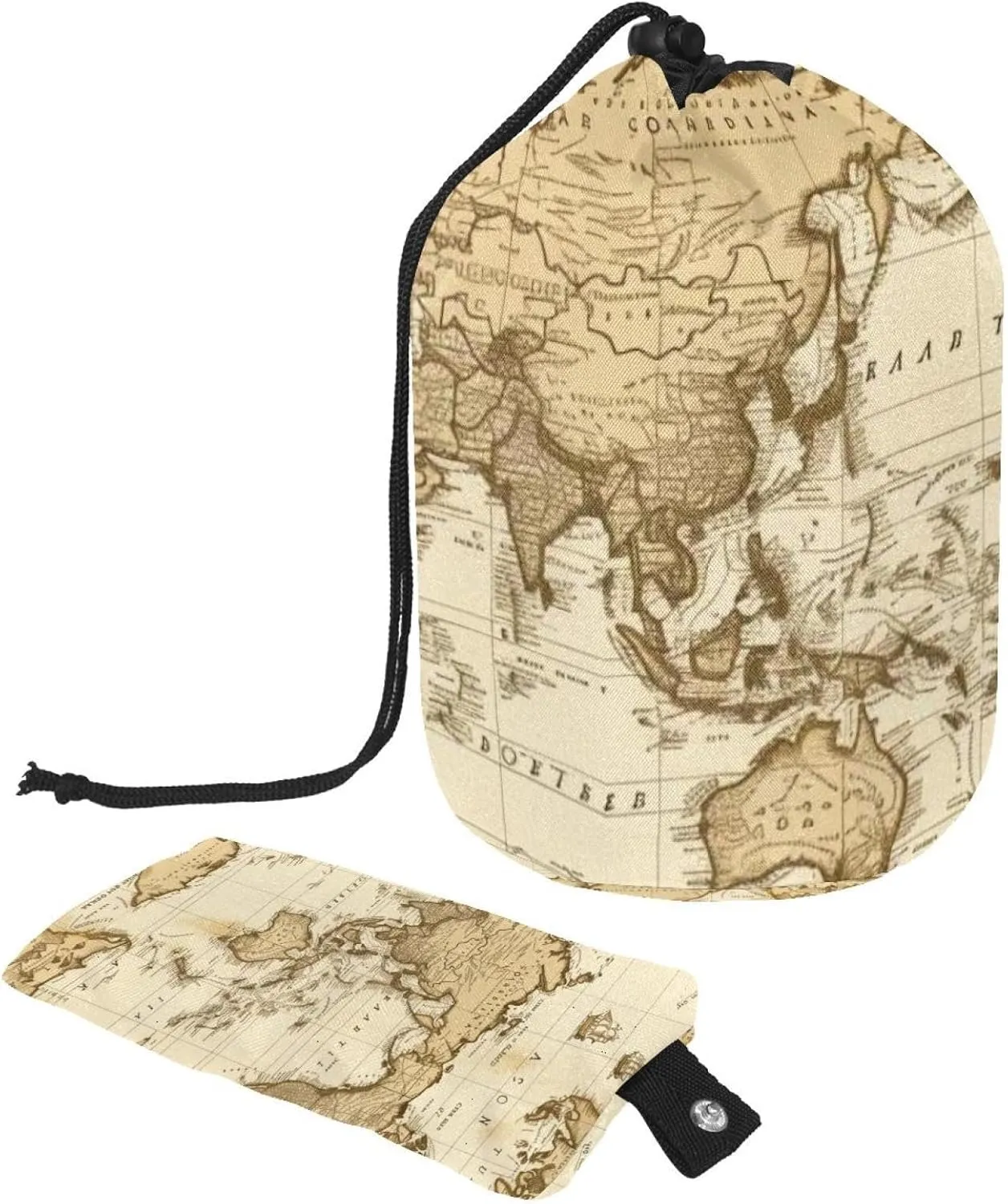 Travel Cosmetic Bags bucket Makeup Bag, Vintage Political Map of the World Women Portable Foldable Cases, Multifunctional Toiletry Bucket Bags Round Organizer Storage