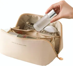 Travel Makeup Bag, Large Capacity Waterproof Cosmetic Bag, Portable Leather Toiletry Organizer with Handle and Divider, Cosmetic Pouch for Women, White, ZT0011