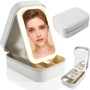 Travel Makeup Bag, Makeup Bag with LED Lighted, Portable Cosmetic Bag with Mirror, Make up Bag 3 Color Setting, Beauty Tools Waterproof Organizer Bag, Gift for Women - White