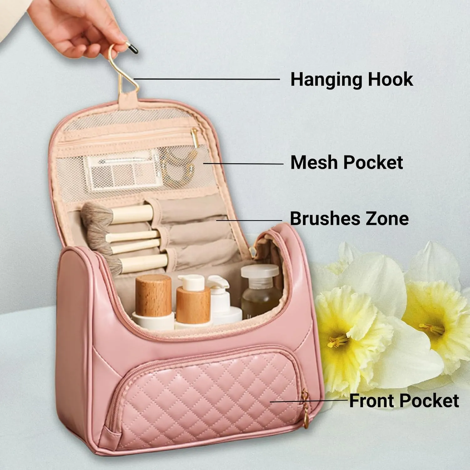 Travel Toiletry Bag, Waterproof Cosmetic Bag with Hanging Hook, Large Capacity Toiletries Bag, Makeup Bag for Traveling, Cosmetic Organizer Case for Women (Black)