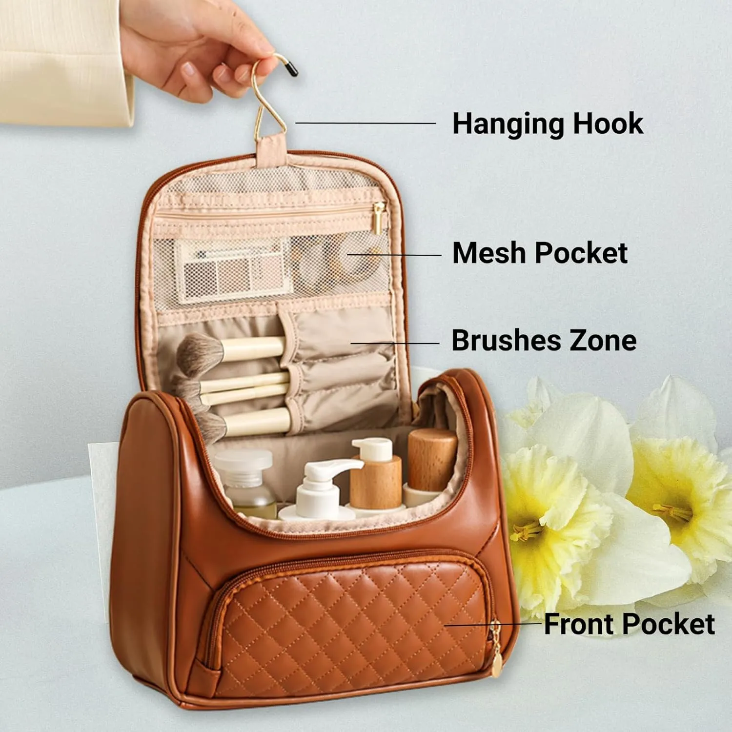 Travel Toiletry Bag, Waterproof Cosmetic Bag with Hanging Hook, Large Capacity Toiletries Bag, Makeup Bag for Traveling, Cosmetic Organizer Case for Women (Brown)