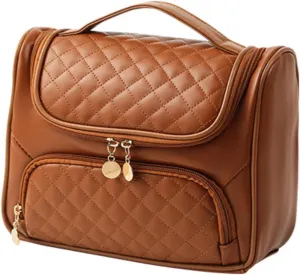 Travel Toiletry Bag, Waterproof Cosmetic Bag with Hanging Hook, Large Capacity Toiletries Bag, Makeup Bag for Traveling, Cosmetic Organizer Case for Women (Brown)
