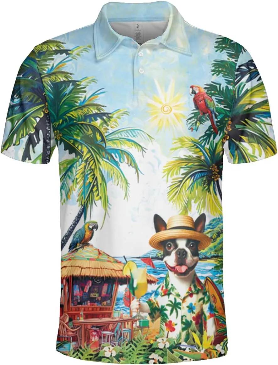 Tropical Dog Polo Shirts for Men - Vacation Mens Golf Shirts Short Sleeve Dry Fit Casual Tennis T-Shirt S42