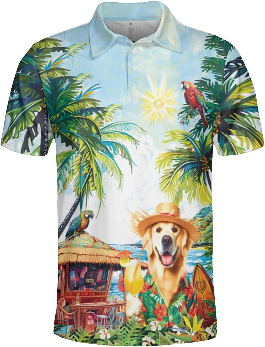 Tropical Dog Polo Shirts for Men - Vacation Mens Golf Shirts Short Sleeve Dry Fit Casual Tennis T-Shirt S42