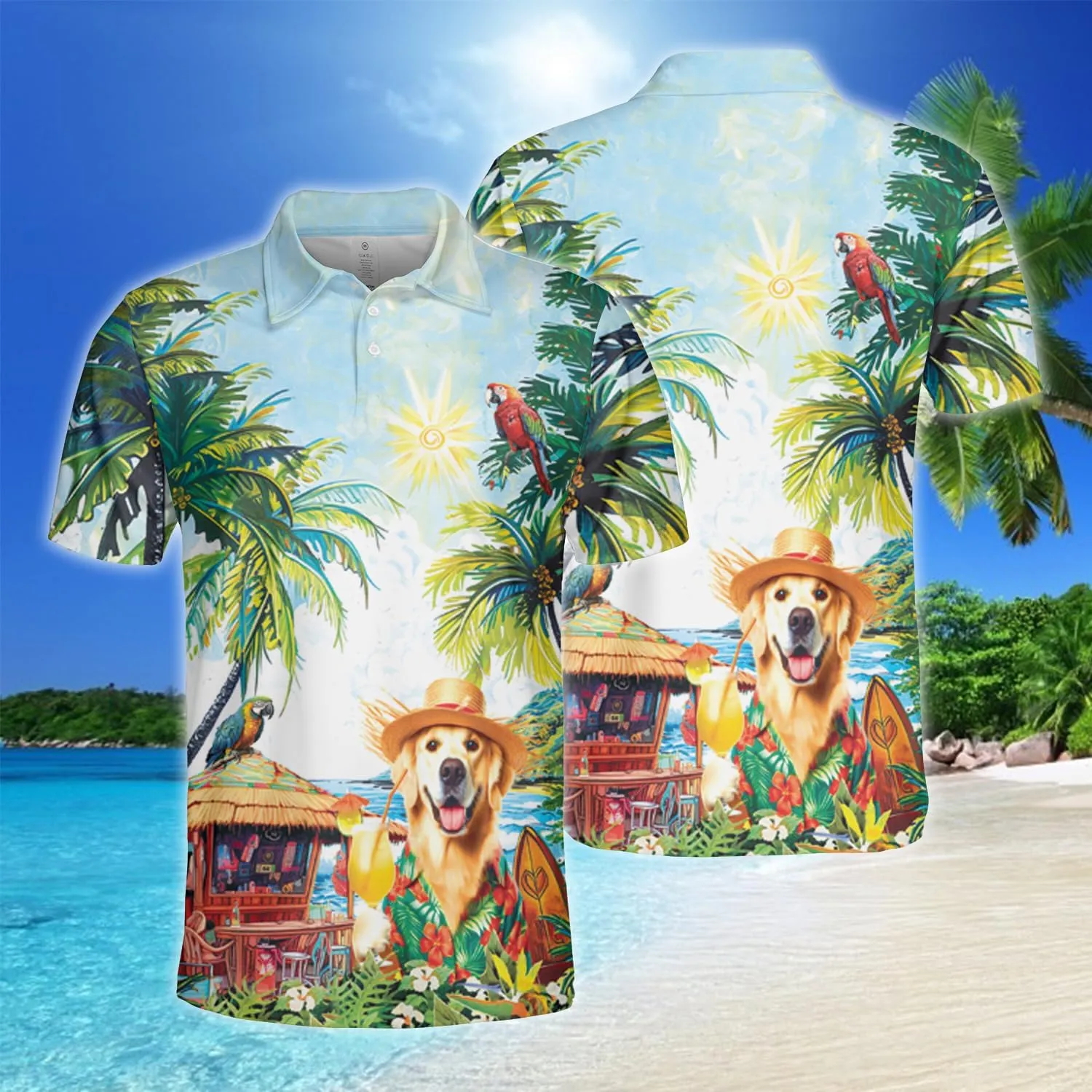 Tropical Dog Polo Shirts for Men - Vacation Mens Golf Shirts Short Sleeve Dry Fit Casual Tennis T-Shirt S42