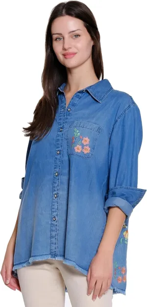 Tru Luxe Jeans Women's Denim Shirt with Embroidery and Back Godets