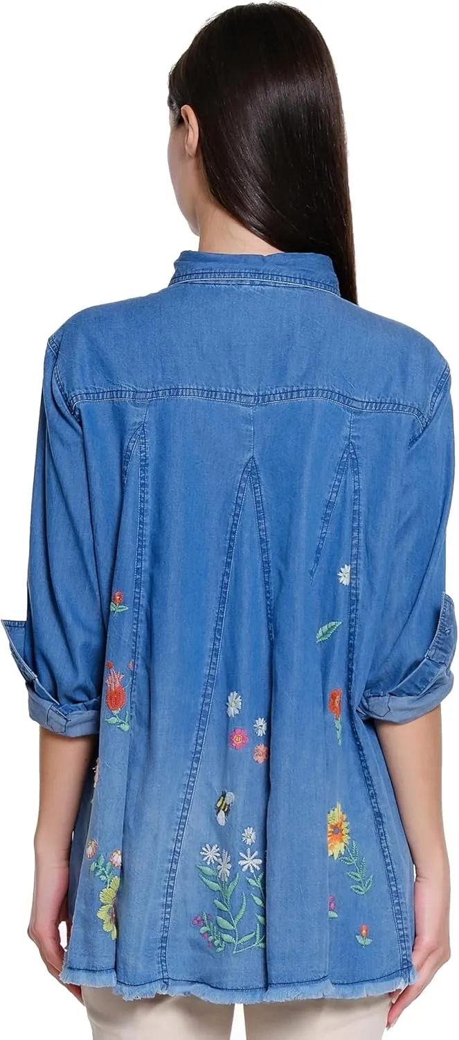 Tru Luxe Jeans Women's Denim Shirt with Embroidery and Back Godets