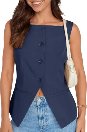 UEU Womens Vest Top 4 Button Sleeveless Boat Neck Fully Lined 2025 Trendy Dressy Business Work Blazer Suit Waistcoat
