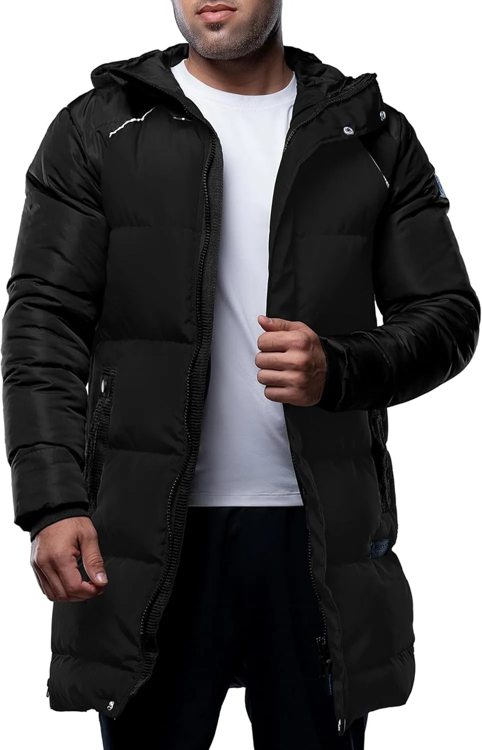 URBAN BUCK Mens Puffer Jacket with Hood Midweight Lonnie Black Long Parka Winter Recycled Down Men Ski Coat (S)