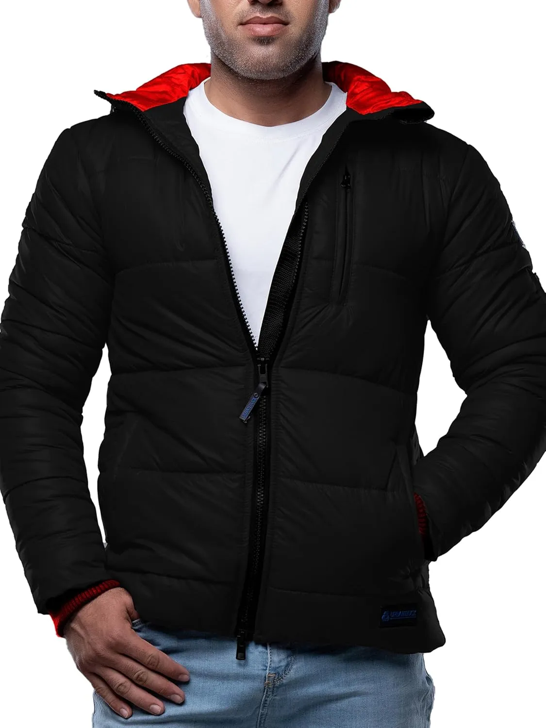 URBAN BUCK Mens Puffer Jacket with Scuba Hood Midweight Winter Recycled Down Windproof and Water Repellent Men Colby Black Hiking Coat (XXL)