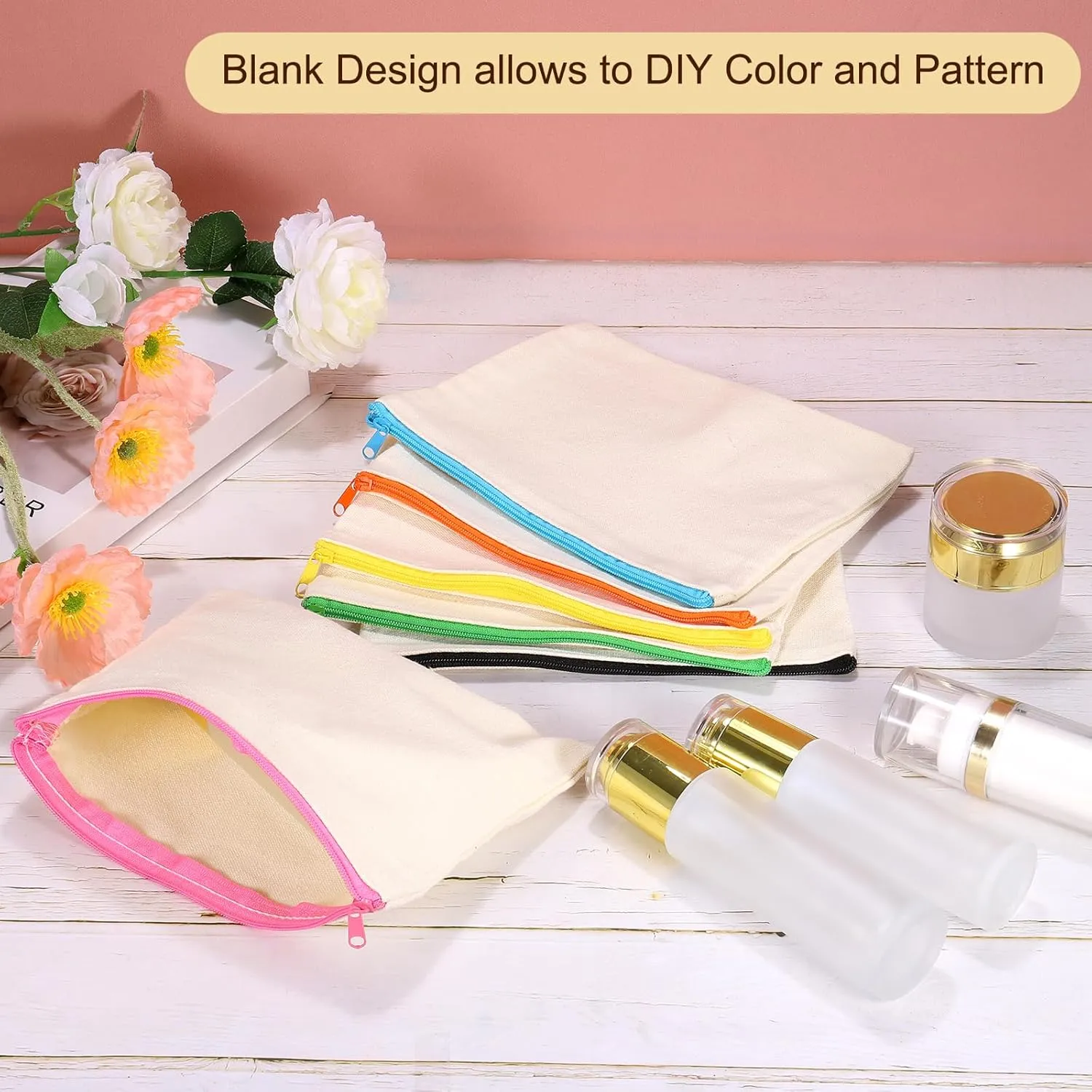 uxcell Canvas Makeup Bags, 12 Pcs Travel Cosmetic Bags Bulk, Multipurpose Blank Toiletry Zipper Pouches Blank DIY Craft Bags Pencil Bag for Women Teens, Orange