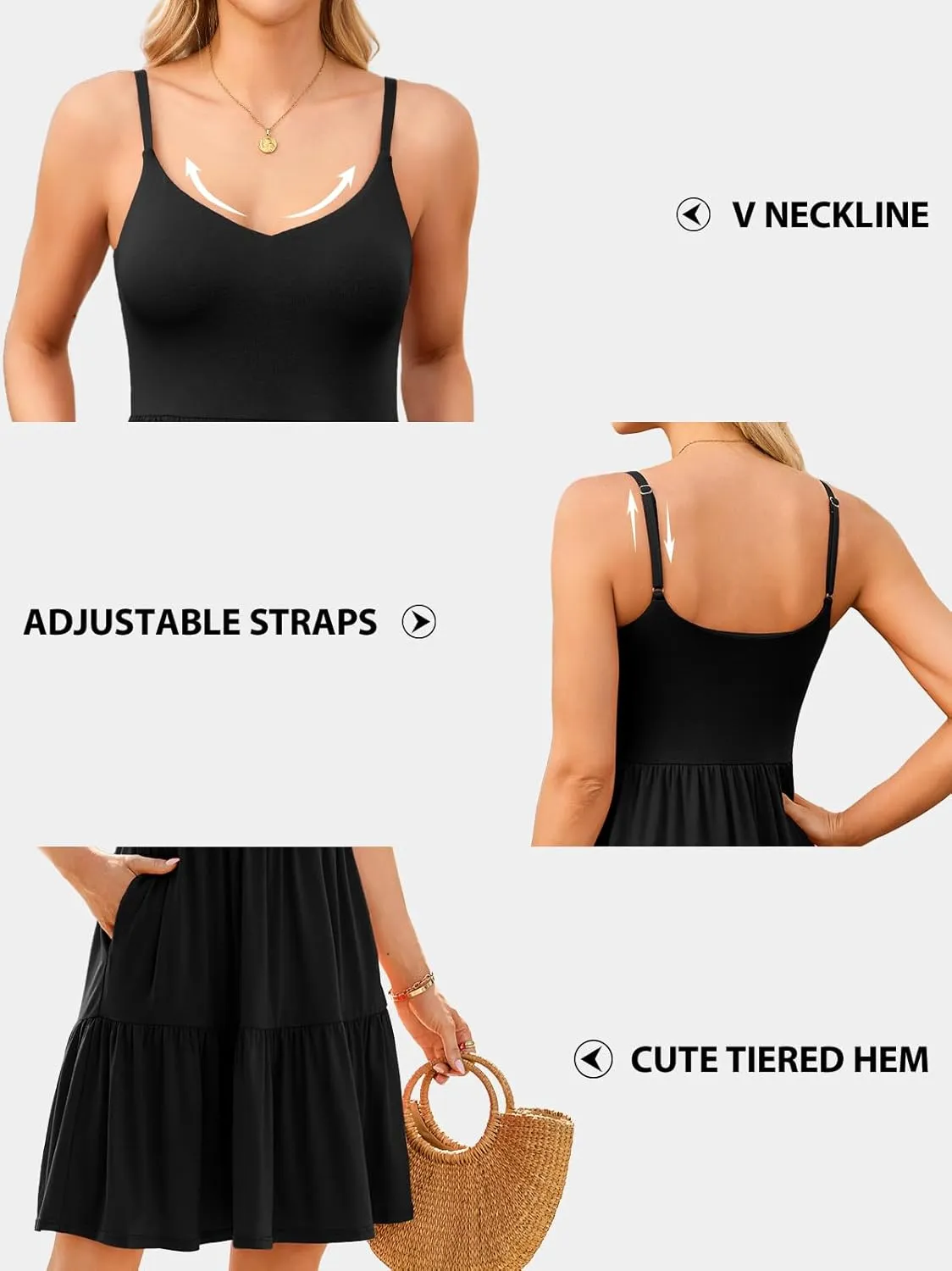 V FOR CITY Women Built-in Bra Summer Dresses 2025 Casual Sundress Adjustable Strap Tiered Cami Dress with Pockets