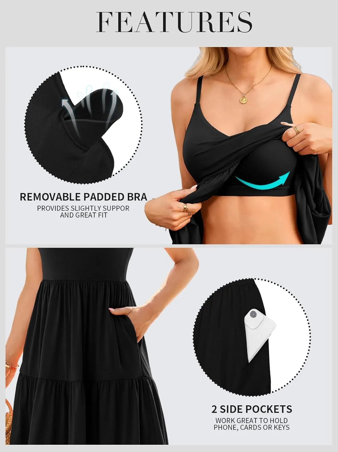 V FOR CITY Women Built-in Bra Summer Dresses 2025 Casual Sundress Adjustable Strap Tiered Cami Dress with Pockets