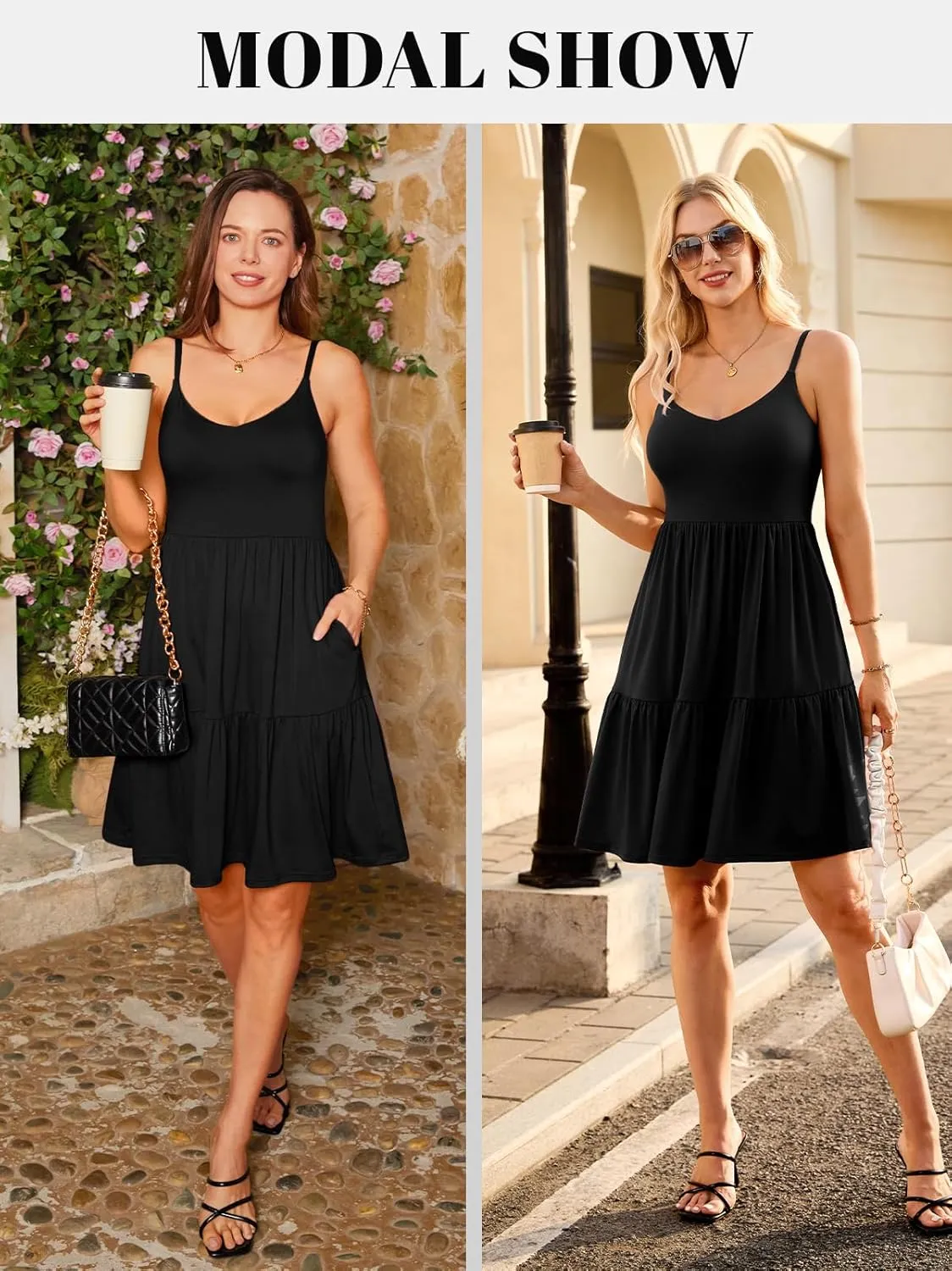 V FOR CITY Women Built-in Bra Summer Dresses 2025 Casual Sundress Adjustable Strap Tiered Cami Dress with Pockets