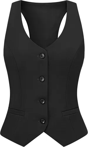 V VOCNI Waistcoat Vest for Women Racerback Button Down Fashiona Casual Dress Suit Vest Top Black Medium