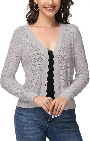 VibeVista Womens Cropped Cardigan Long Sleeve Button Down V Neck Sweater Open Front Lightweight Shrug for Dresses Tops