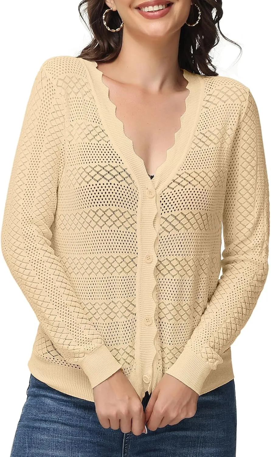 VibeVista Womens Cropped Cardigan Long Sleeve Button Down V Neck Sweater Open Front Lightweight Shrug for Dresses Tops