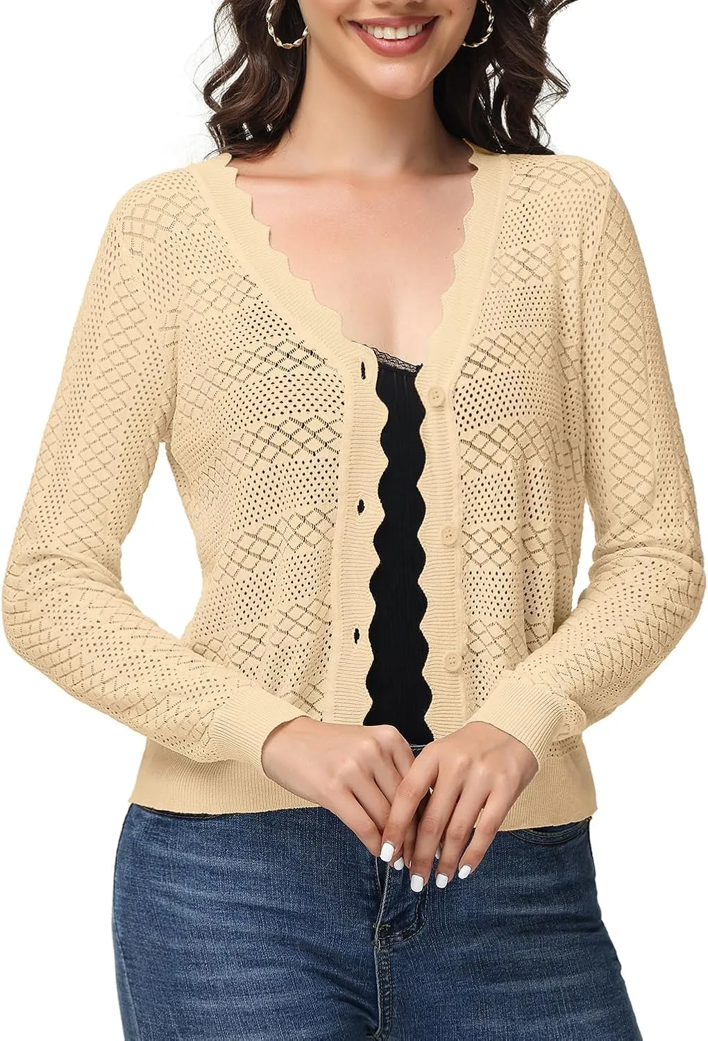 VibeVista Womens Cropped Cardigan Long Sleeve Button Down V Neck Sweater Open Front Lightweight Shrug for Dresses Tops