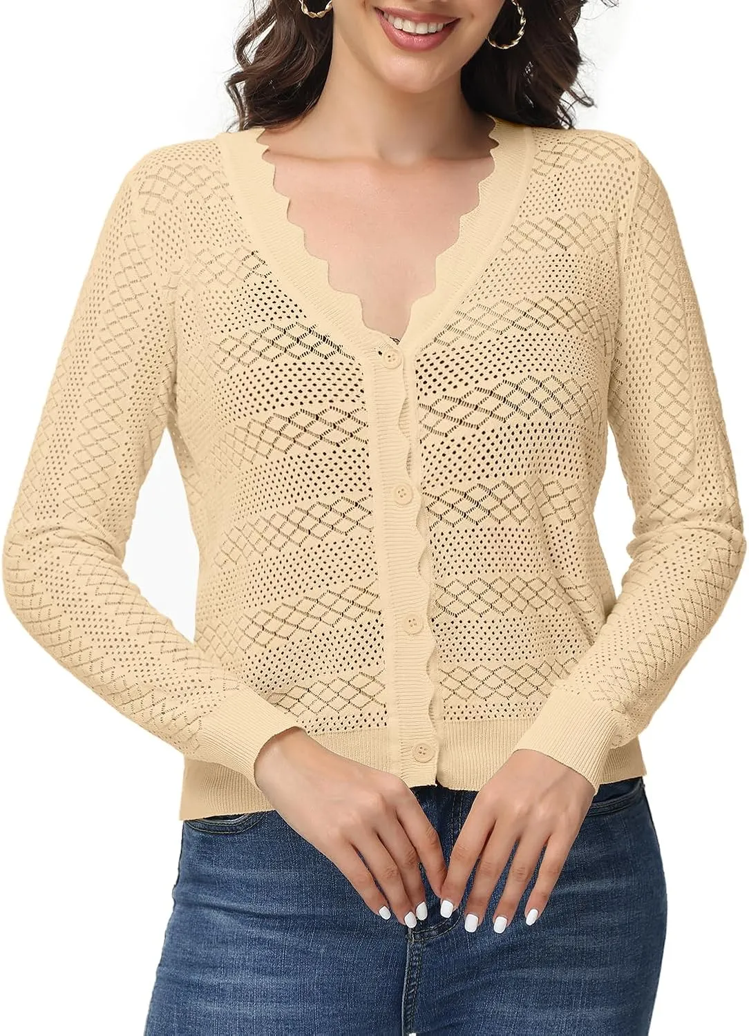 VibeVista Womens Cropped Cardigan Long Sleeve Button Down V Neck Sweater Open Front Lightweight Shrug for Dresses Tops