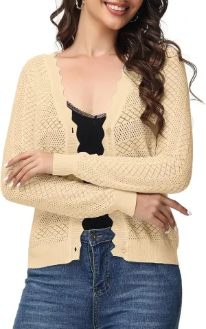 VibeVista Womens Cropped Cardigan Long Sleeve Button Down V Neck Sweater Open Front Lightweight Shrug for Dresses Tops