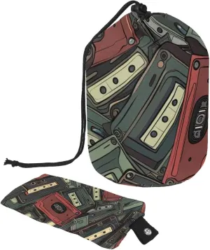 Vintage Cassette Tape Print Travel Cosmetic Bags Makeup Bag for Women, Foldable Drawstring Travel Cosmetic Bags, Portable Toiletry Bucket Bag