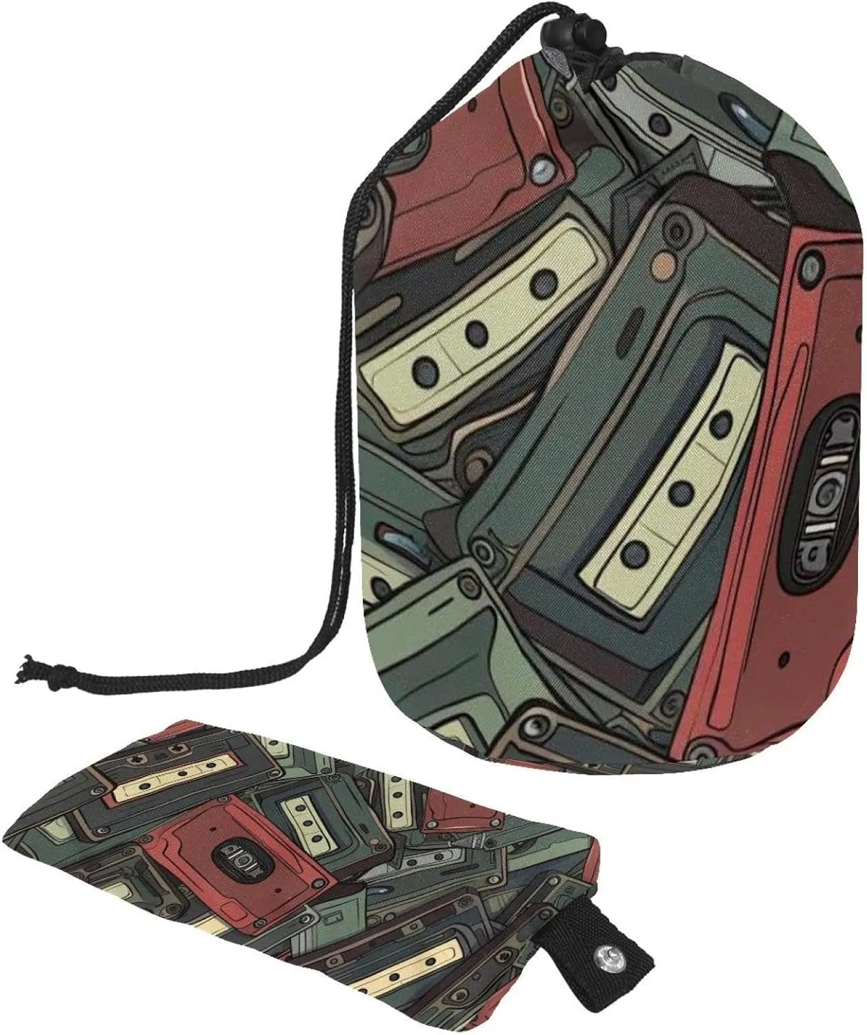 Vintage Cassette Tape Print Travel Cosmetic Bags Makeup Bag for Women, Foldable Drawstring Travel Cosmetic Bags, Portable Toiletry Bucket Bag