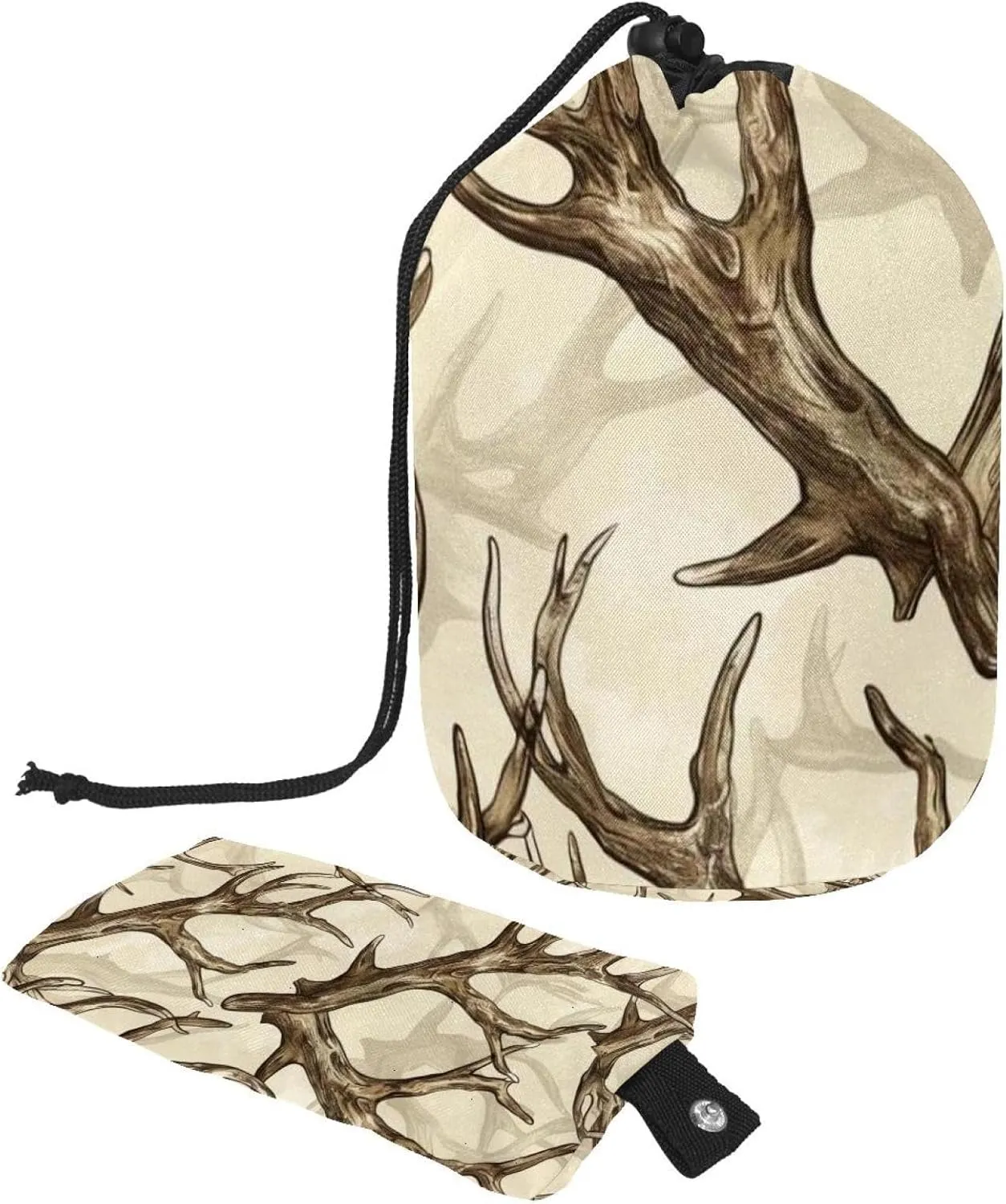 Vintage Elk Antler Print Travel Cosmetic Bags Makeup Bag for Women, Foldable Drawstring Travel Cosmetic Bags, Portable Toiletry Bucket Bag