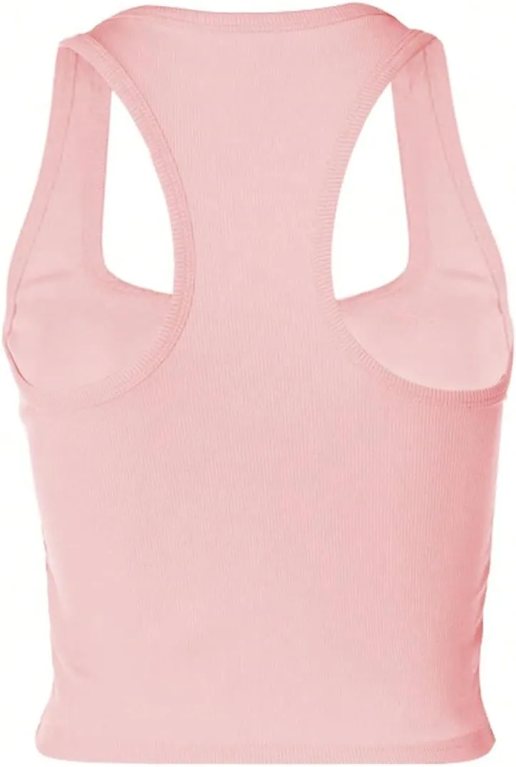 WDIRARA Women's Letter Rhinestone Racerback Crop Tank Top Y2k Square Neck Sleeveless Rib Knit Tops