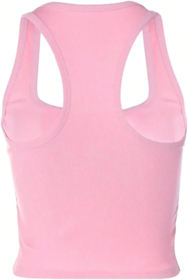 WDIRARA Women's Letter Rhinestone Racerback Crop Tank Top Y2k Square Neck Sleeveless Rib Knit Tops