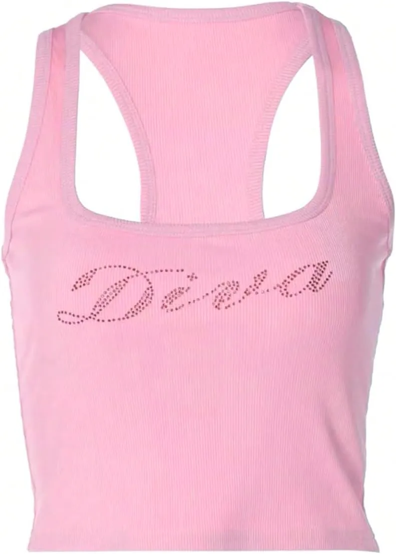 WDIRARA Women's Letter Rhinestone Racerback Crop Tank Top Y2k Square Neck Sleeveless Rib Knit Tops