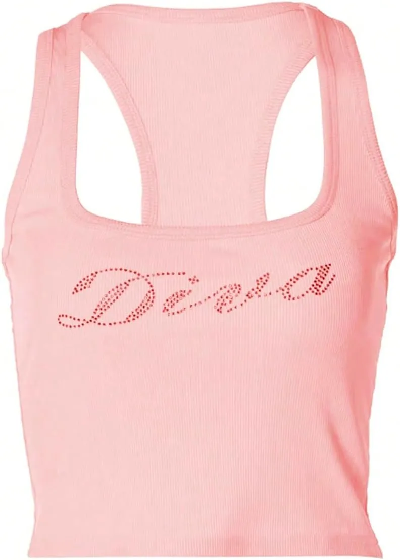 WDIRARA Women's Letter Rhinestone Racerback Crop Tank Top Y2k Square Neck Sleeveless Rib Knit Tops