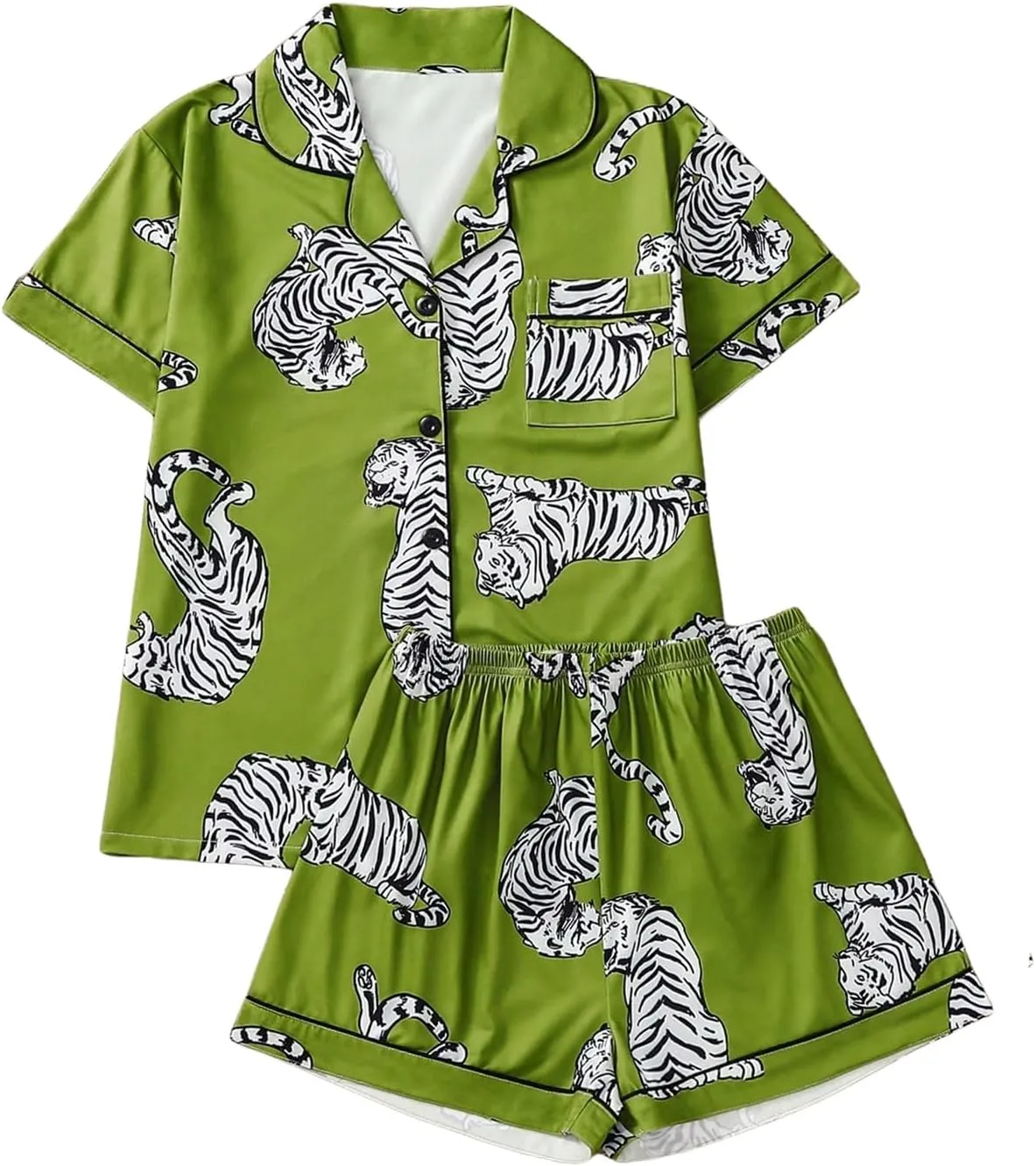 WDIRARA Women's Plus Size 2 Piece Tiger Print Pajama Set Shorts Pjs Sets Button Down Short Sleeve Sleepwear