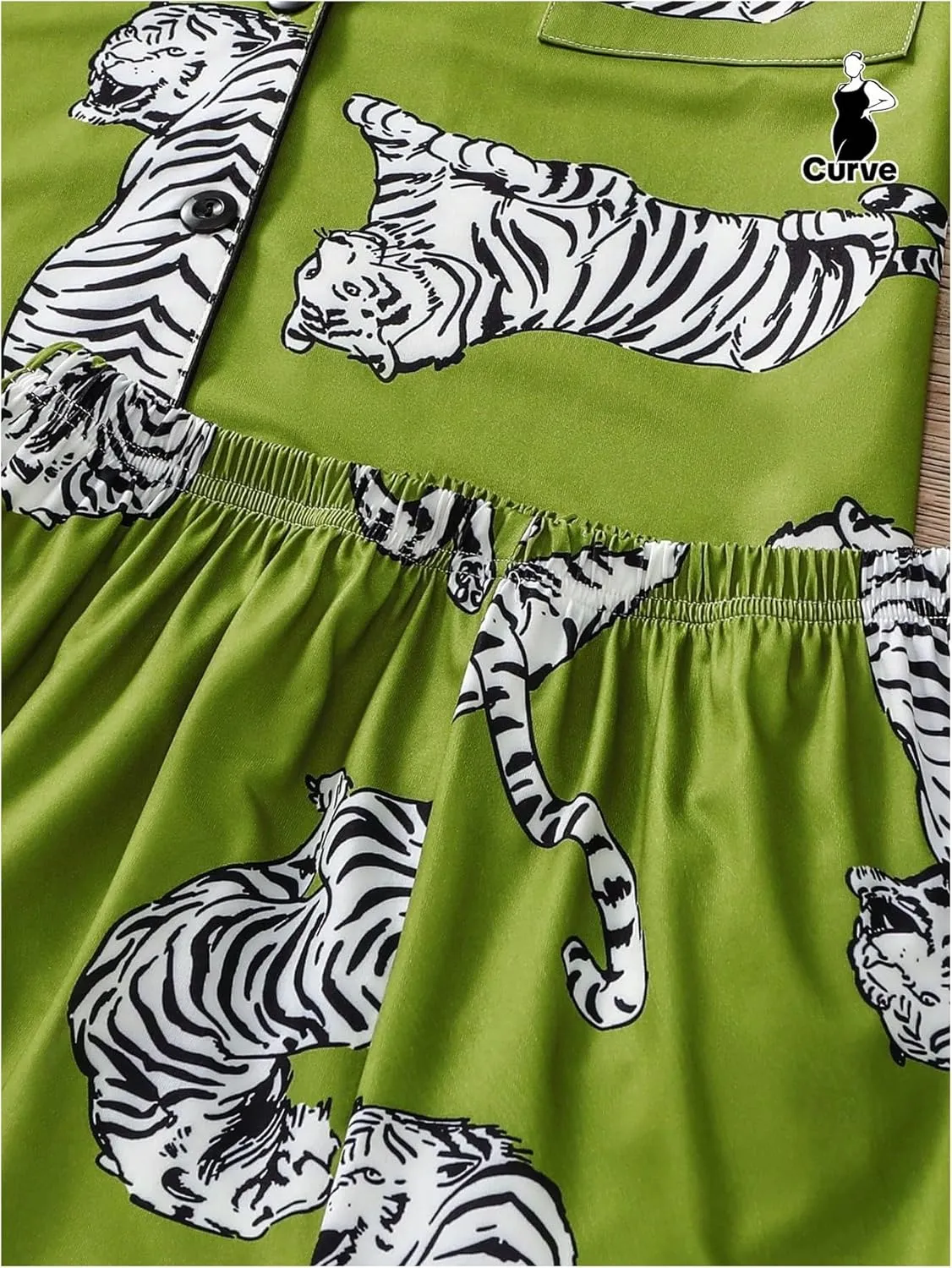 WDIRARA Women's Plus Size 2 Piece Tiger Print Pajama Set Shorts Pjs Sets Button Down Short Sleeve Sleepwear