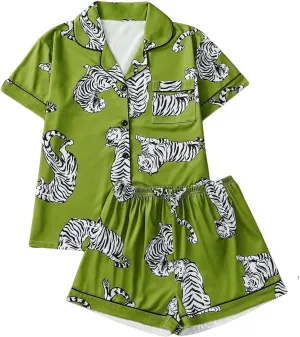 WDIRARA Women's Plus Size 2 Piece Tiger Print Pajama Set Shorts Pjs Sets Button Down Short Sleeve Sleepwear